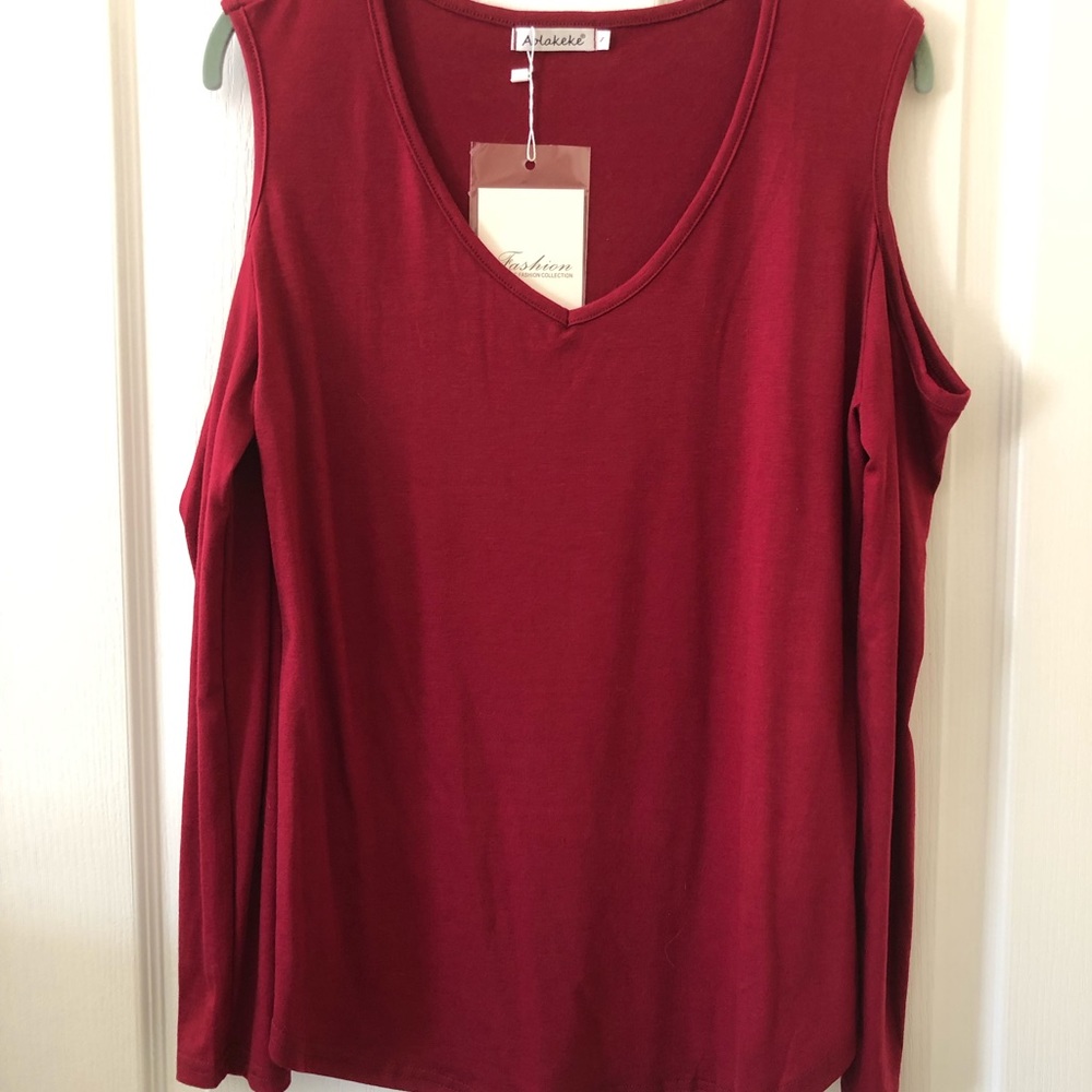 Aolakeke Classic Fashion Collection Cranberry Long Sleeve Cold Shoulder Top S